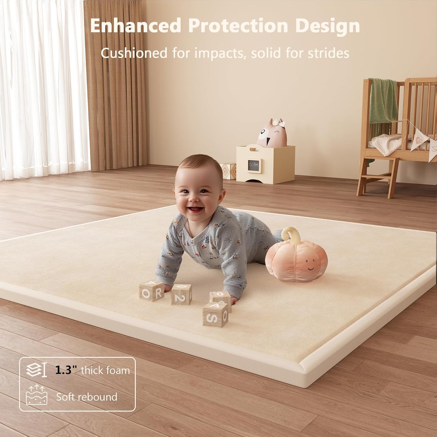 Baby Play Mat for Floor, 1.3'' Thick Memory Foam Tummy Time Mat - Super Soft Coral Velvet Nursery Rug with Non-Slip Backing, Crawling Rug for Toddlers/Infants, Yoga & Tatami Use, Oatmeal, 79''x 118''