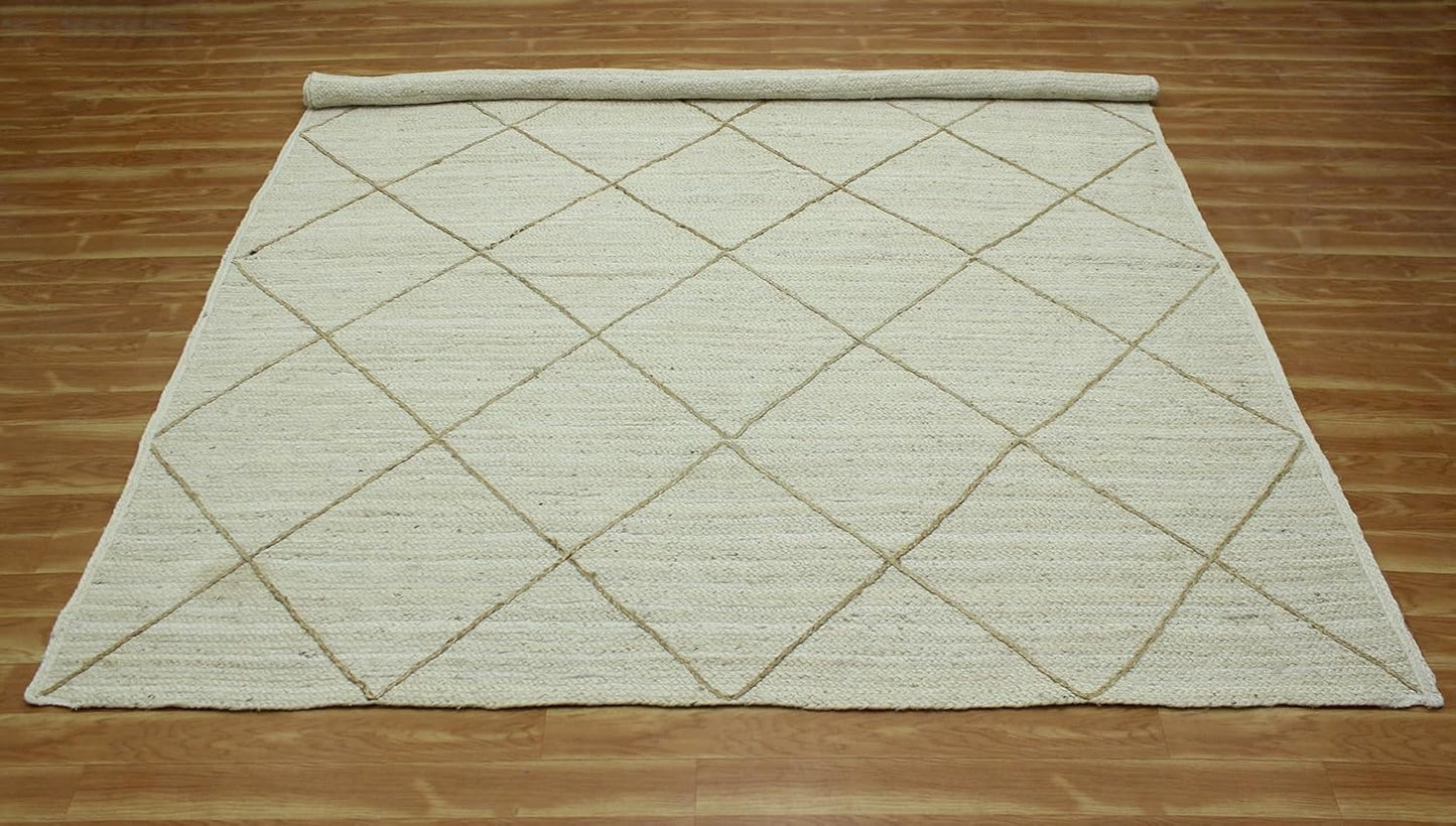 Scalloped Edge Kilim Rug 3' Square Rug Beige & Multicolor Cape Cod Design Carpet Thick 0.27 inches Hand Braided Jute Flatweave Indoor Outdoor Use Rugs for Bedroom, Kitche, Yoga Mat