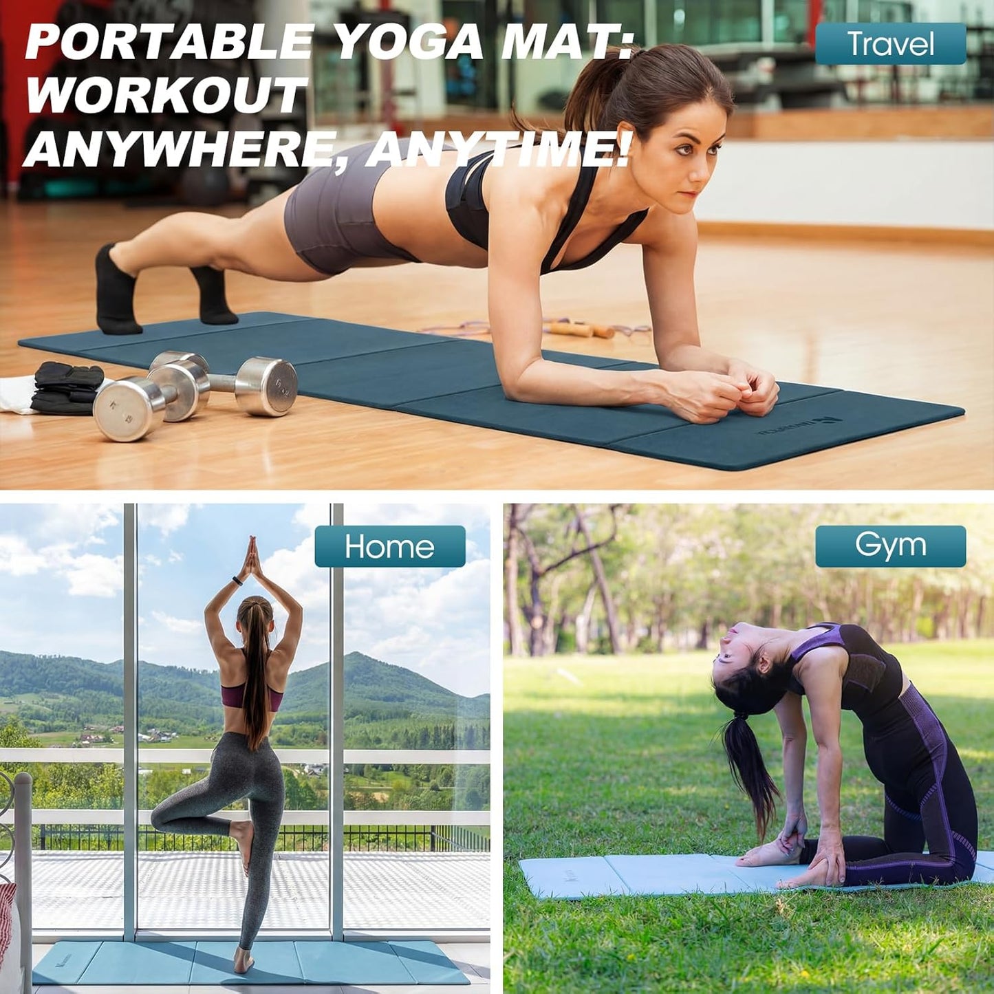 Nuanchu 3 Packs Foldable Yoga Mat Yoga Gift Non-slip Fitness Pilates Mats 6mm Thick with Strap Poe Material 69 x 24 x 0.24" Lightweight Multi-purpose Workout Mats for Exercise Home Travel