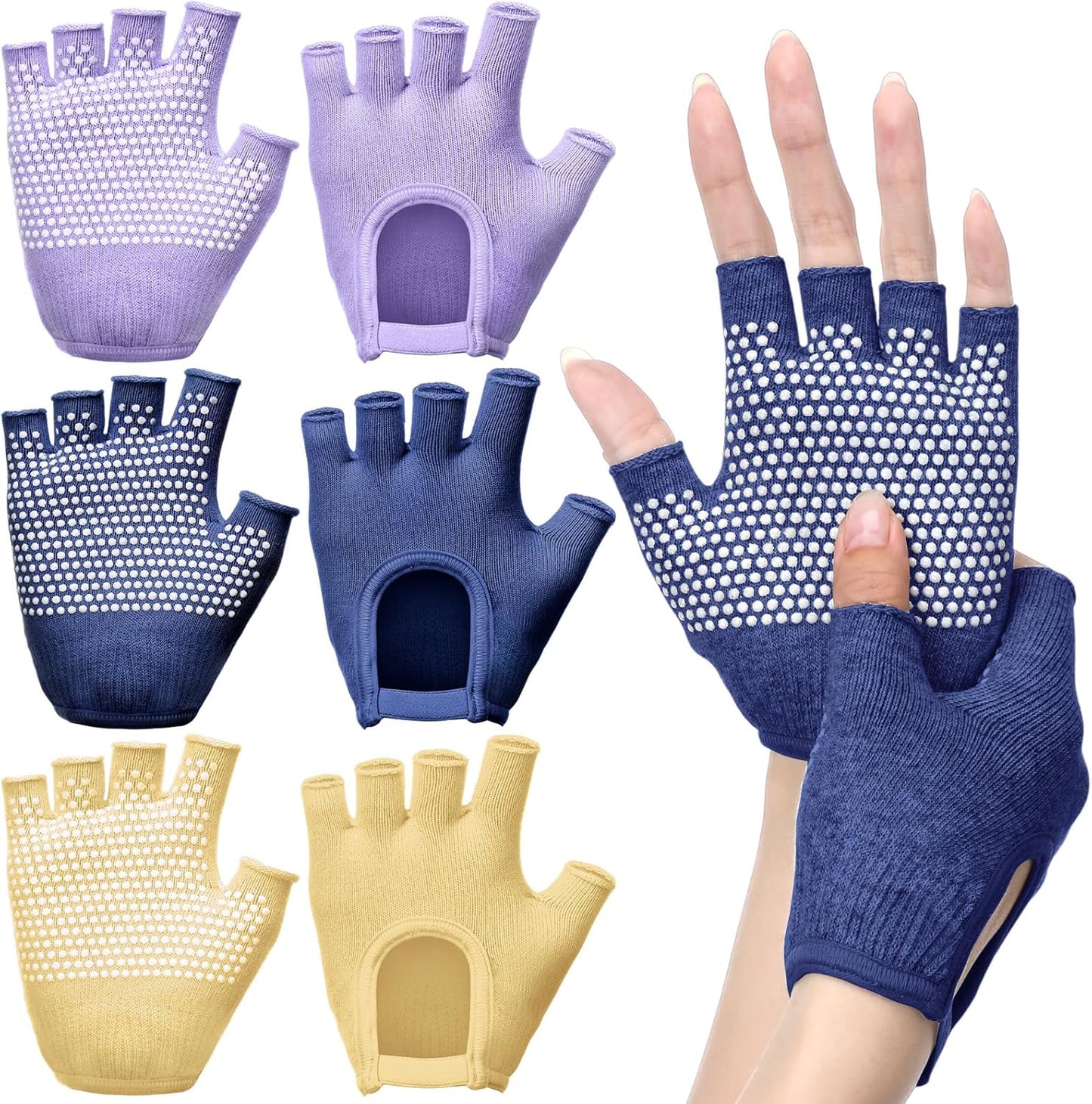 Shyyween 3 Pairs Silicone Grip Yoga Gloves Non Slip Fingerless Pilates Gym Workout Gloves for Women Men, One Size Fits Most, Comfortable and Breathable