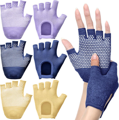 Shyyween 3 Pairs Silicone Grip Yoga Gloves Non Slip Fingerless Pilates Gym Workout Gloves for Women Men, One Size Fits Most, Comfortable and Breathable