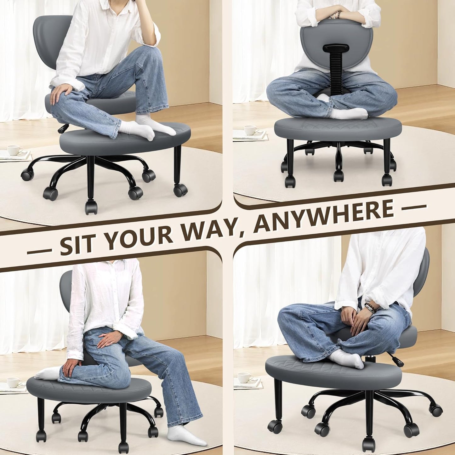 AtHope Ergonomic Cross Legged Office Chair with Wheels - Adjustable Height for Meditation, ADHD Desk & Yoga - Wide Criss Cross Design with Lumbar Support, Kneeling Chair - Black