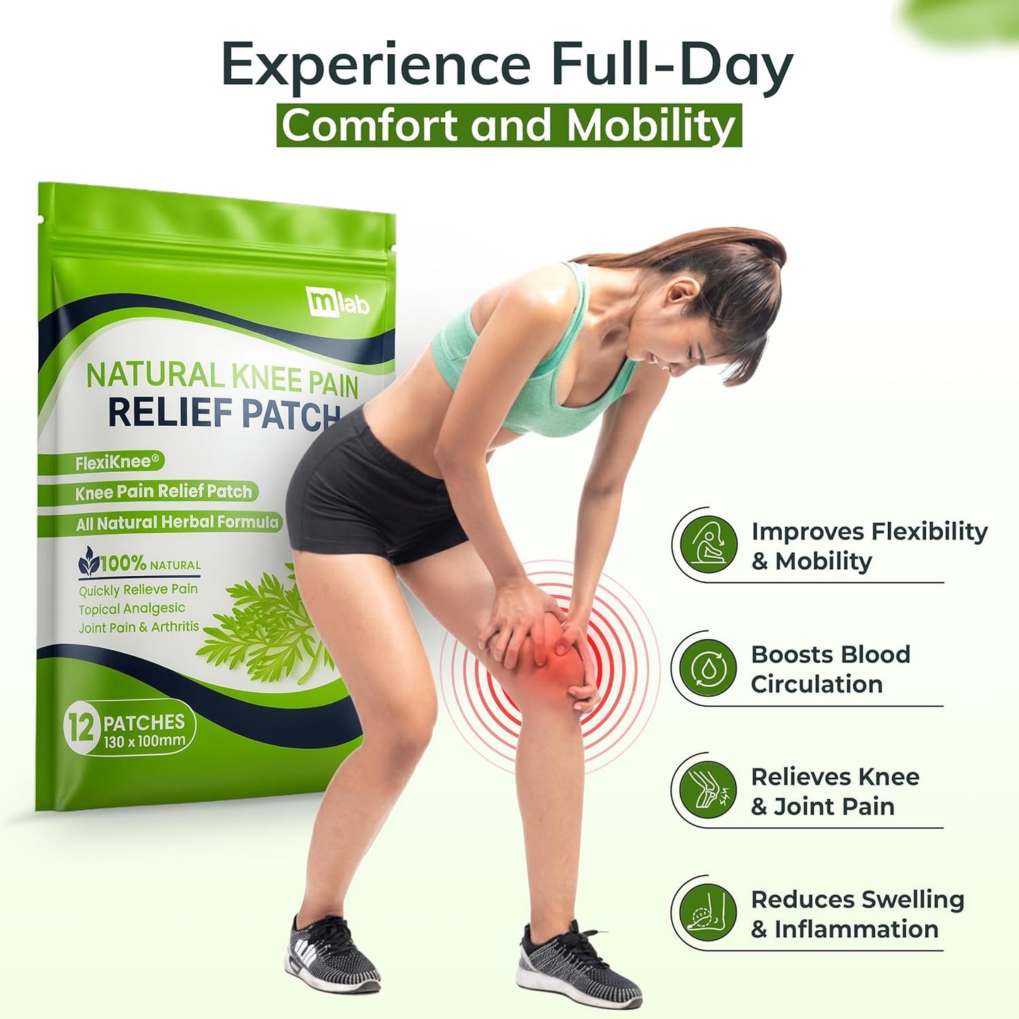 FLexiknee Warming Herbal Pain Patches for Knees w/ 12-Hour Extra Strength & Adhesion - Bone-on-Bone, Joint Ache, Muscle Soreness Support - 12 Heat Patches for Pain Relief for Knees, Back & Neck