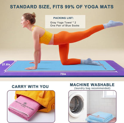 Upgraded Yoga Mat Towel with Bonus Grip Socks Elegant Embroidered Design, 1-Second Sweat Absorption & Non-Slip | Machine Washable Microfiber | Hot Yoga, Pilates | 73''*27.6'' | Orchid Purple