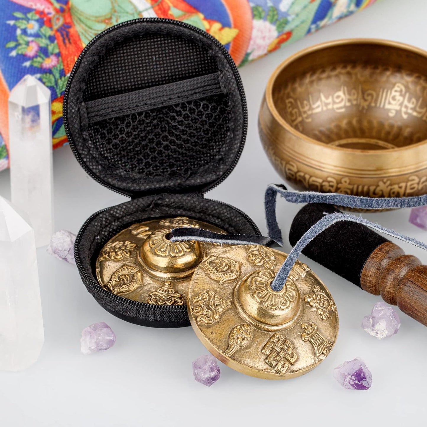 ZenBless Tibetan Tingsha Cymbals 2pcs, with Storage Box and Fabric Case, Meditation Sanskrit Brass Chime Bells for Spiritual Healing Mindfulness, Yoga Buddhist, Relaxation Musical Instruments