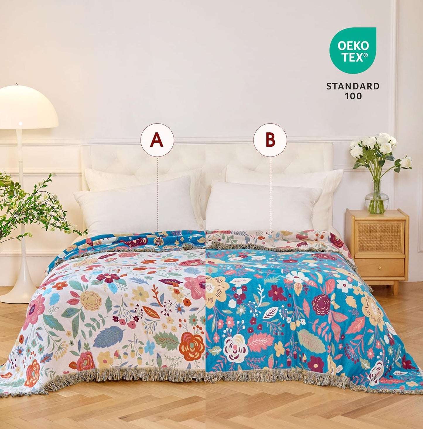 Boho Throw Blanket - 100% Cotton Soft Summer Throw Blanket for Bed, 50"x60" Reversible Breathable Lightweight Blankets, All Seasons Farmhouse Decor Floral Plant Butterfly Throw Quilt