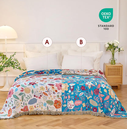 Boho Throw Blanket - 100% Cotton Soft Summer Throw Blanket for Bed, 50"x60" Reversible Breathable Lightweight Blankets, All Seasons Farmhouse Decor Floral Plant Butterfly Throw Quilt