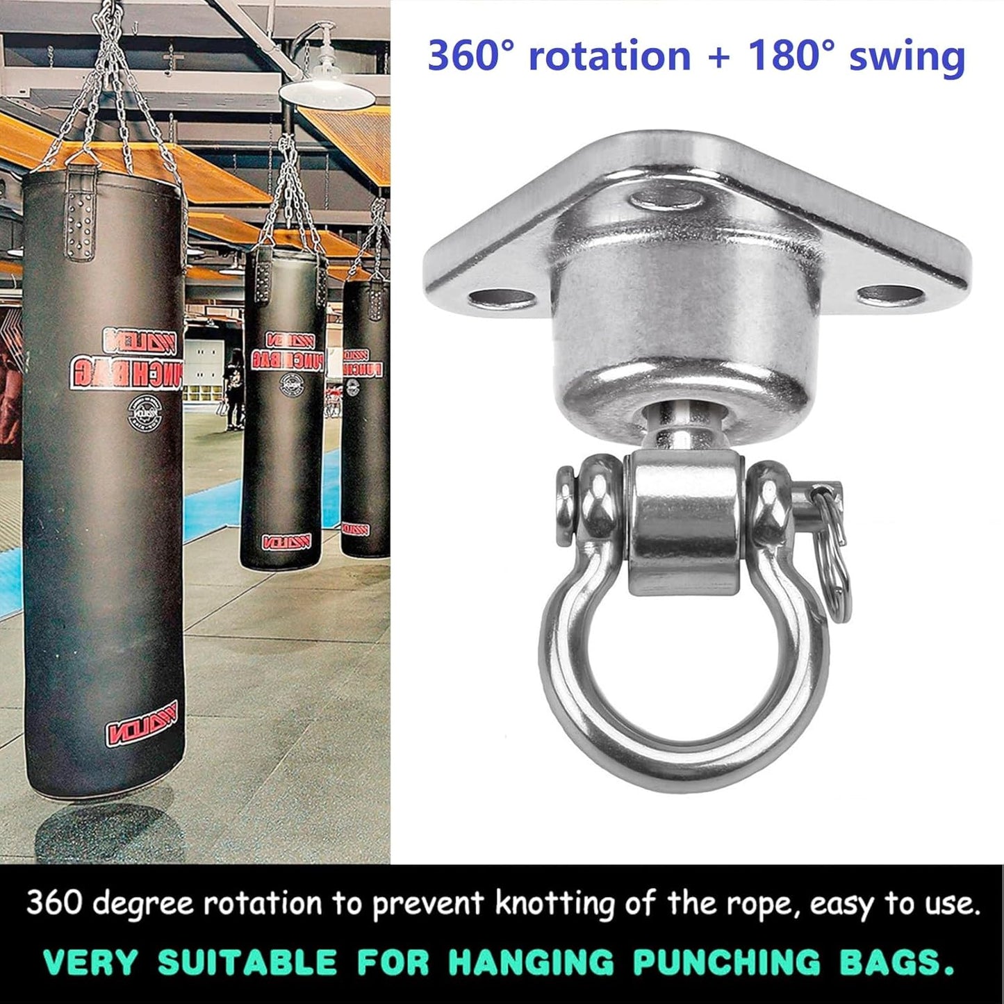 Silent Bearing Swing Hanger Heavy Duty, SUS Rust Proof, 1500LB Capacity 360 Degree Rotation, Playground Porch Yoga, Sandbag, Gym (3 Wooden Screws)
