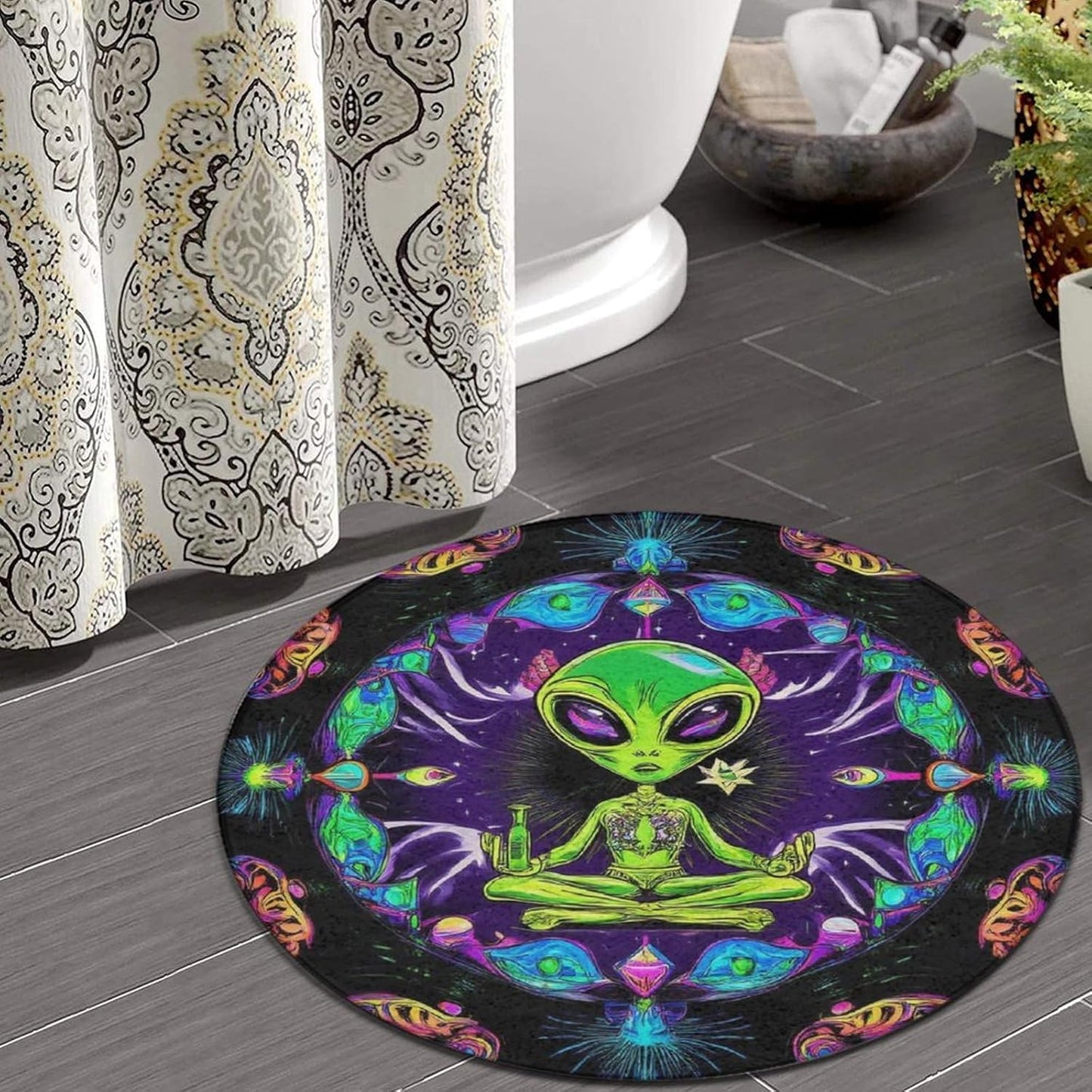 Home Decor Non Slip Kitchen Office Circle Rug, Machine Washable Modern Round Area Rug, Room Sofa Yoga Soft Round Carpet Purple Galaxy Trippy Space Astronaut Art, 36inch