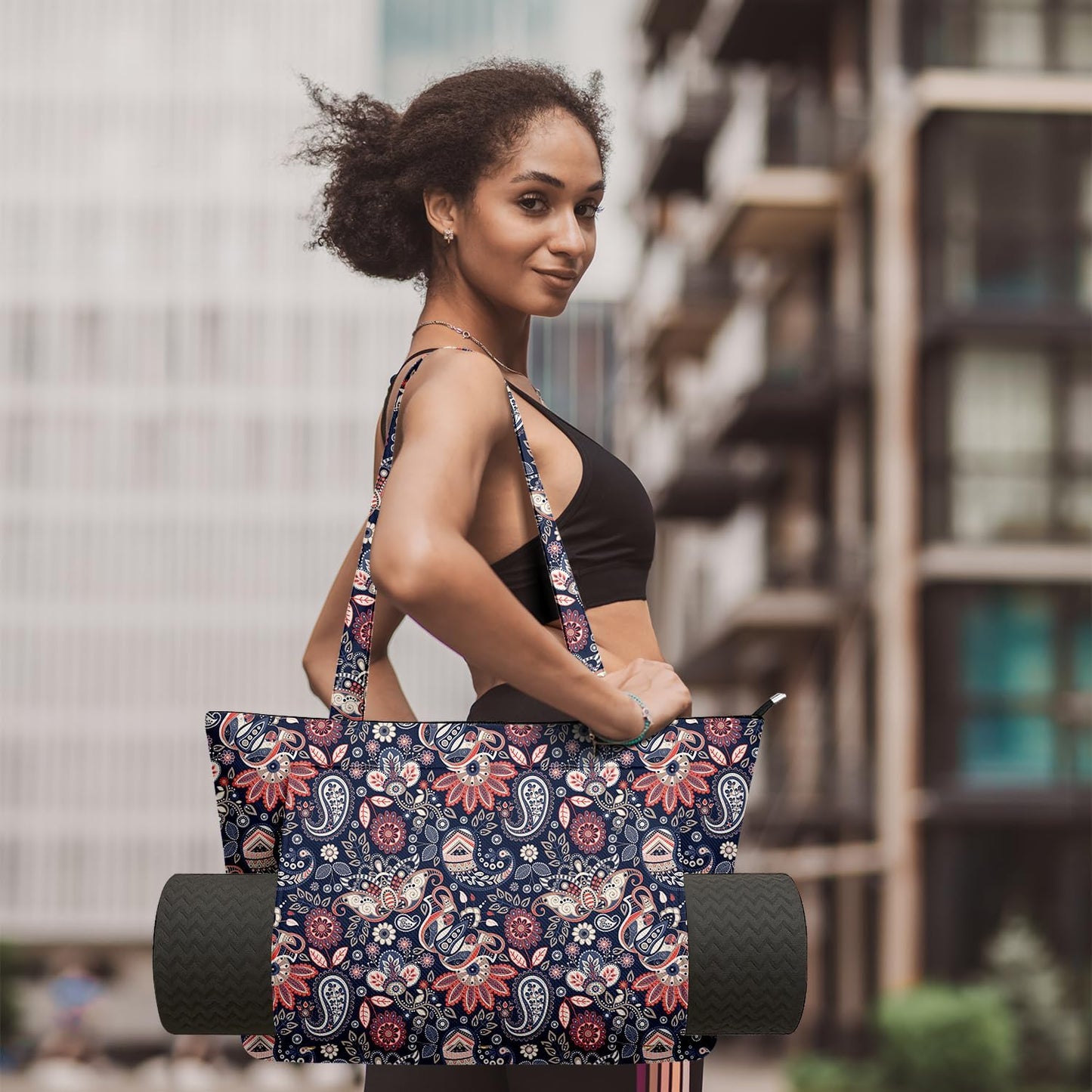 Yoga Bag for Women, Large Canvas Yoga Mat Tote Bag with Yoga Mat Carrier - Large Mat Pocket Fitness Tote for Pilates, Gym, Travel, Office & Beach