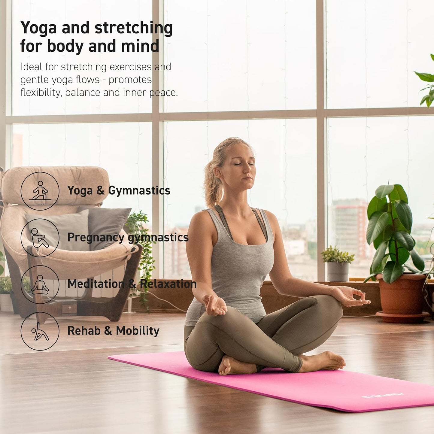 MSPORTS Yoga Mat Premium Non Slip Thick – Extra Comfortable Exercise Mat for Home Workouts, Pilates, Stretching & Gym – Cushioned NBR Foam, Gym Mat with Strap, for Women & Men