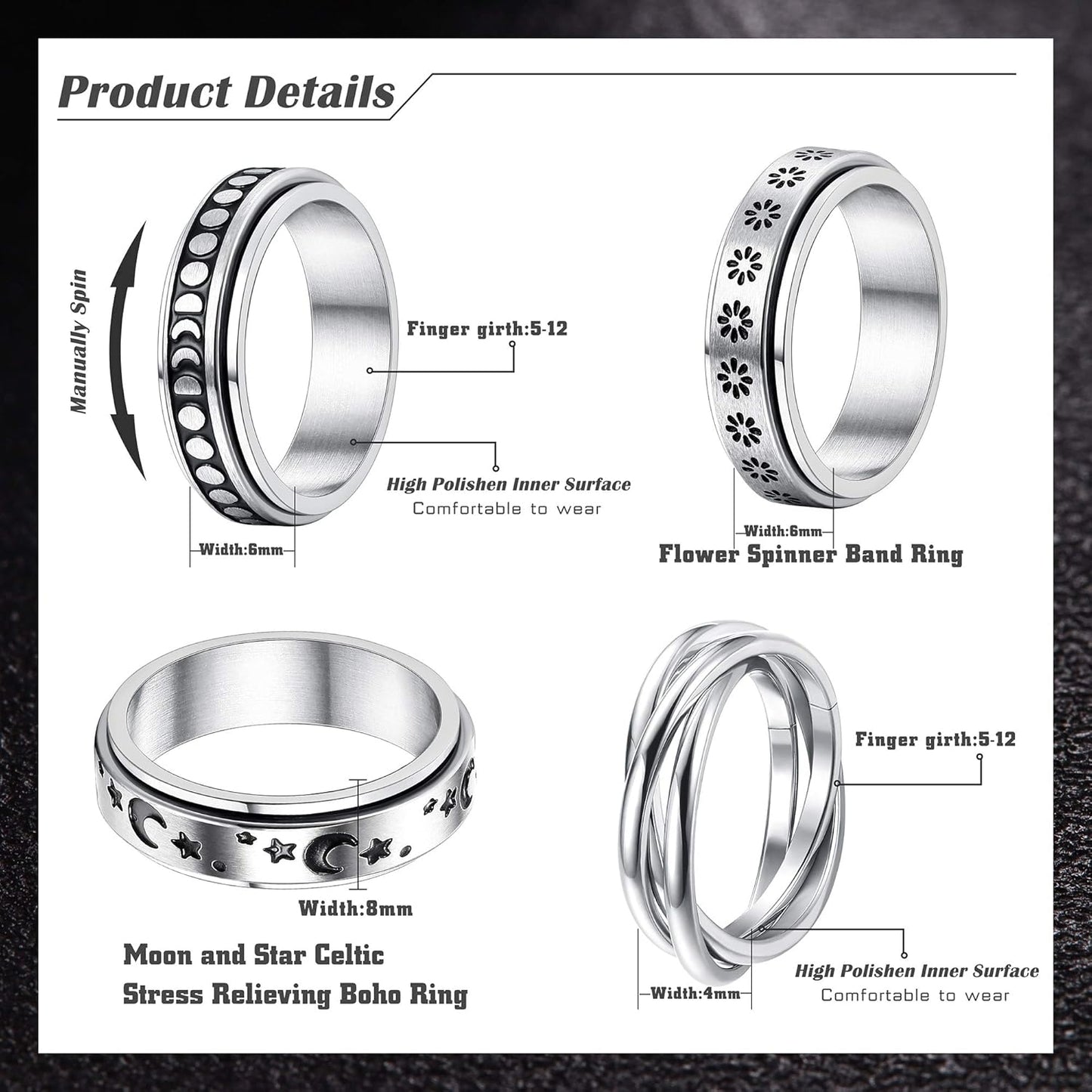 FUNRUN JEWELRY Stainless Steel Fidget Anxiety Ring for Women Men Fidget Spinner Rings Moon Star Celtic Stress Relieving Spinning Ring Wedding Band Rings Set,4-6Pcs