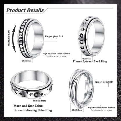 FUNRUN JEWELRY Stainless Steel Fidget Anxiety Ring for Women Men Fidget Spinner Rings Moon Star Celtic Stress Relieving Spinning Ring Wedding Band Rings Set,4-6Pcs