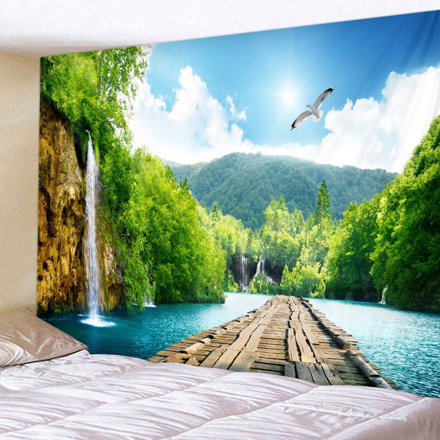 LYFANS Wooden Bridge Water Printing Fabric Tapestry Decorative Wall Art Tablecloth Bed Cover Picnic Carpet Beach Towel Bedroom Dormitory Living Room Multi functional Tapestry 79 x 59 inches