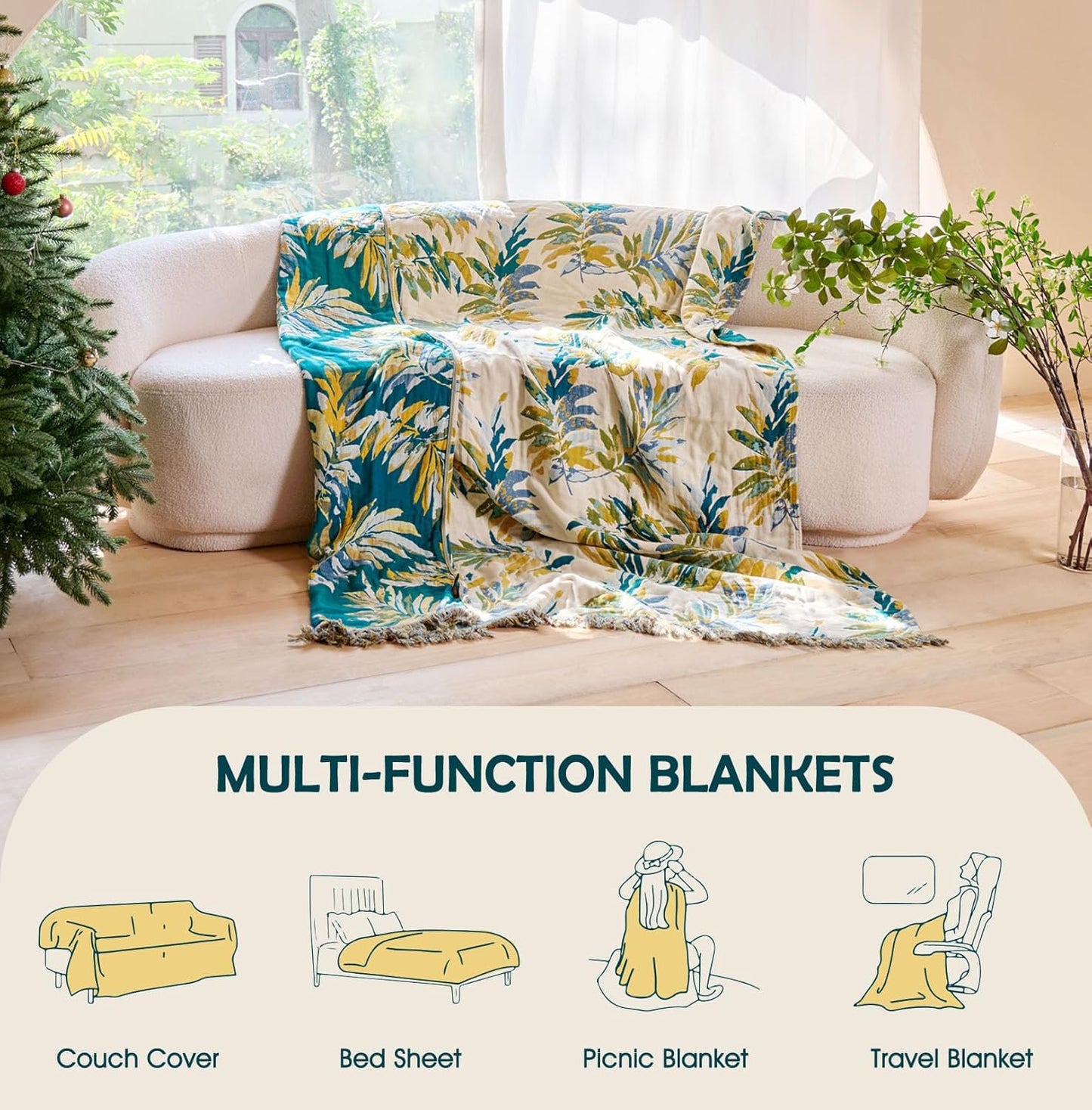 Boho Throw Blanket - 100% Cotton Soft Summer Throw Blanket for Bed, 50"x60" Reversible Breathable Lightweight Blankets, All Seasons Farmhouse Decor Floral Plant Butterfly Throw Quilt