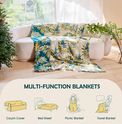 Boho Throw Blanket - 100% Cotton Soft Summer Throw Blanket for Bed, 50"x60" Reversible Breathable Lightweight Blankets, All Seasons Farmhouse Decor Floral Plant Butterfly Throw Quilt