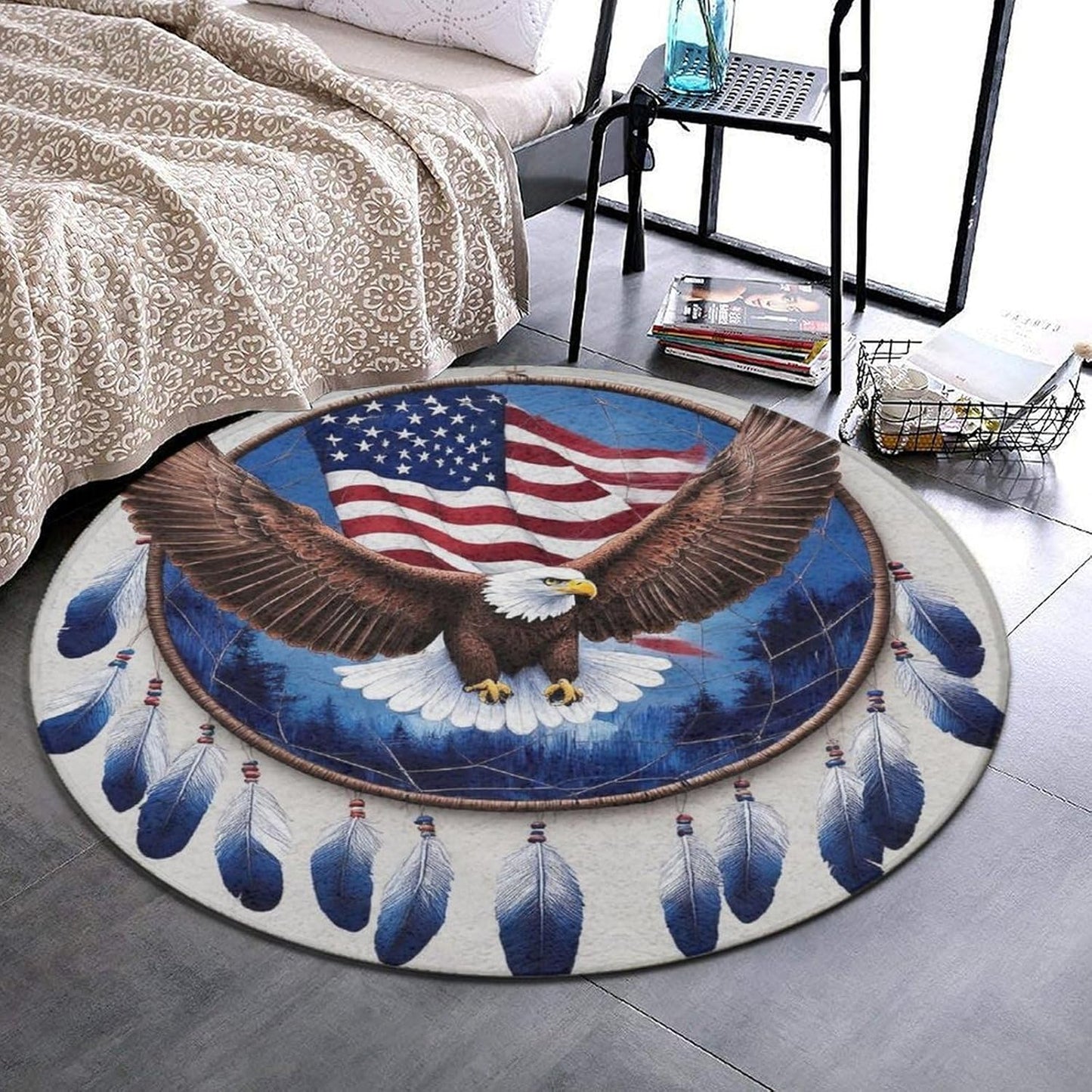 Machine Washable Modern Round Area Rug, Room Sofa Yoga Soft Round Carpet, Home Decor Non Slip Kitchen Office Circle Rug Union Jack Flag UK Mandala Art, 60inch