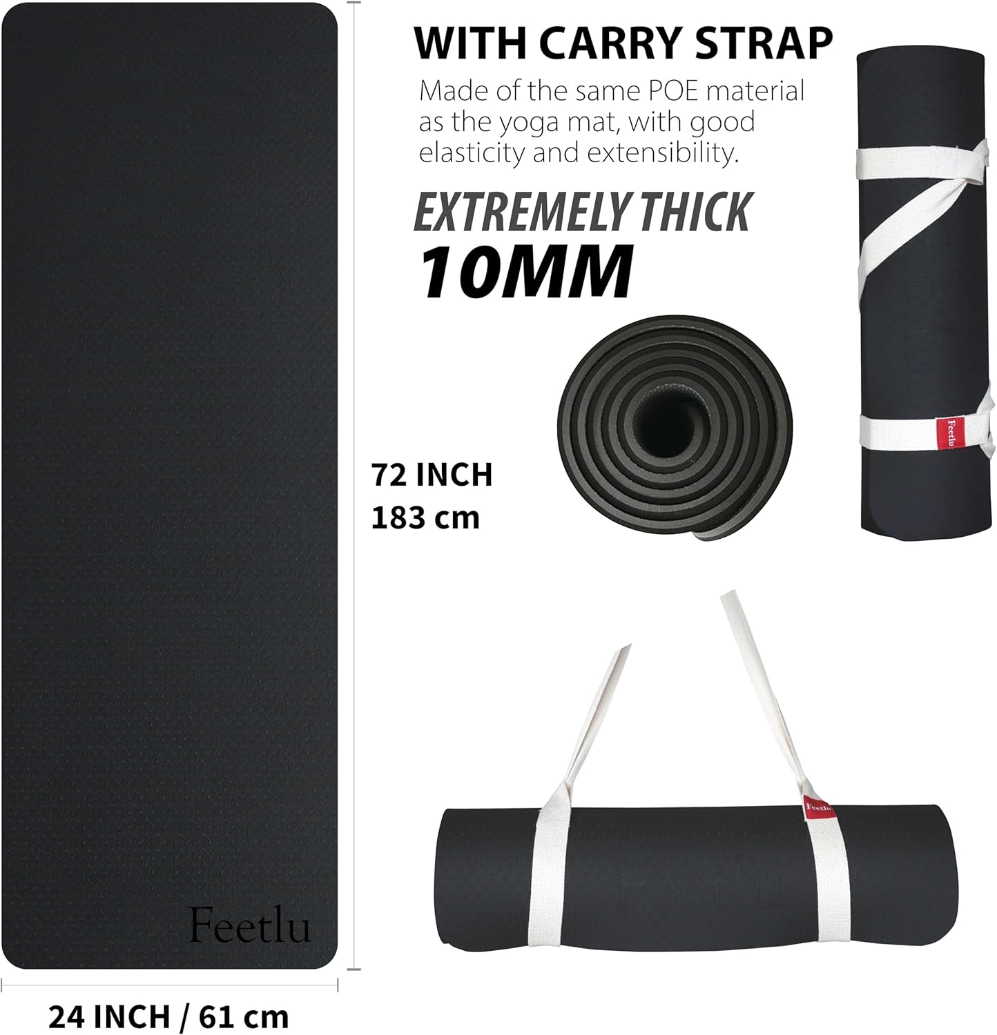 Extra Thick Exercise Yoga Mat with Strap - 2/5 Inch (10MM), Non-Slip Workout Mat for Yoga, Pilates, and Floor Exercises