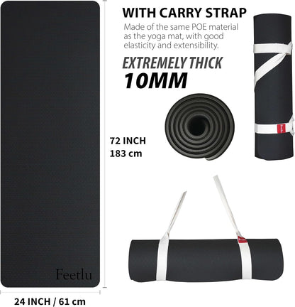 Extra Thick Exercise Yoga Mat with Strap - 2/5 Inch (10MM), Non-Slip Workout Mat for Yoga, Pilates, and Floor Exercises