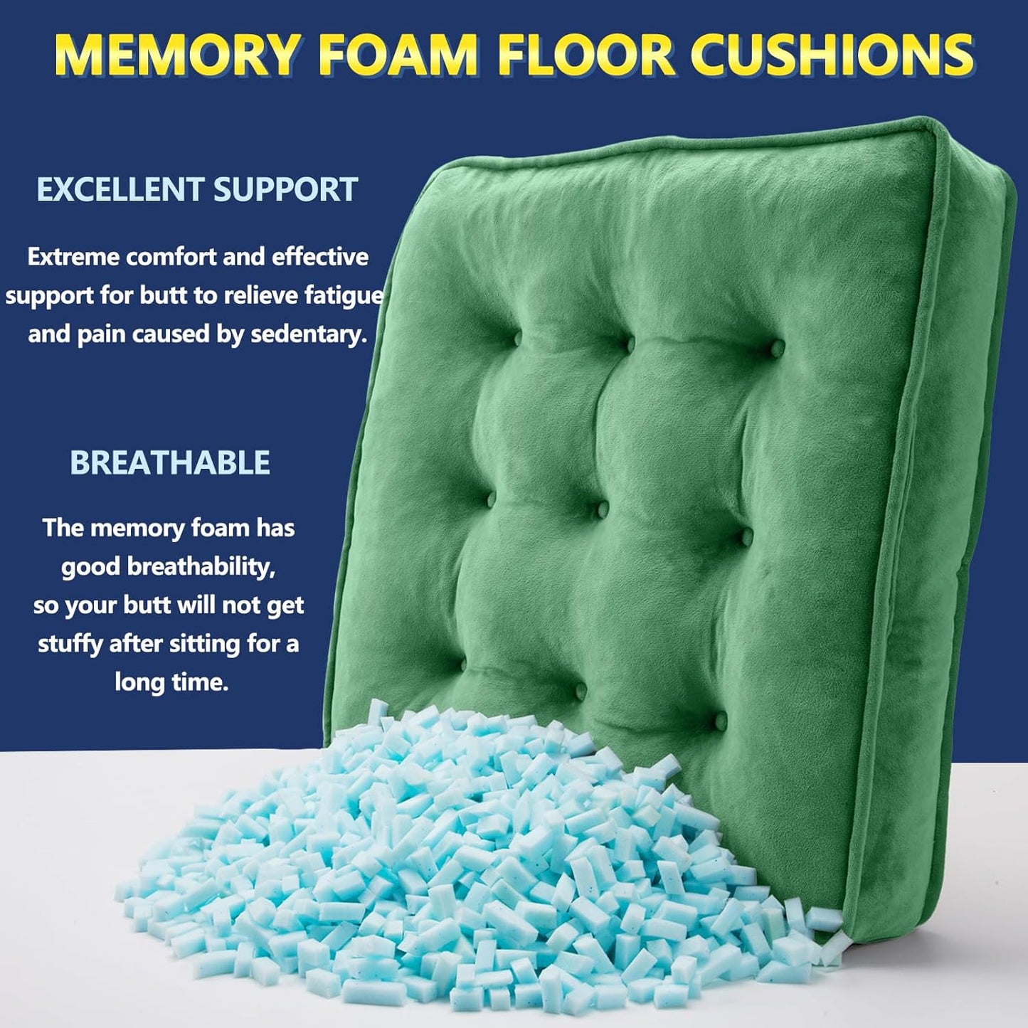 1 MIDDLE ONE Floor Pillow Set of 2, Memory Foam Meditation Cushion, Floor Cushions for Adults Sitting, Large Square Seat Cushions for Yoga, Living Room, 20x20 Inch (Grey)