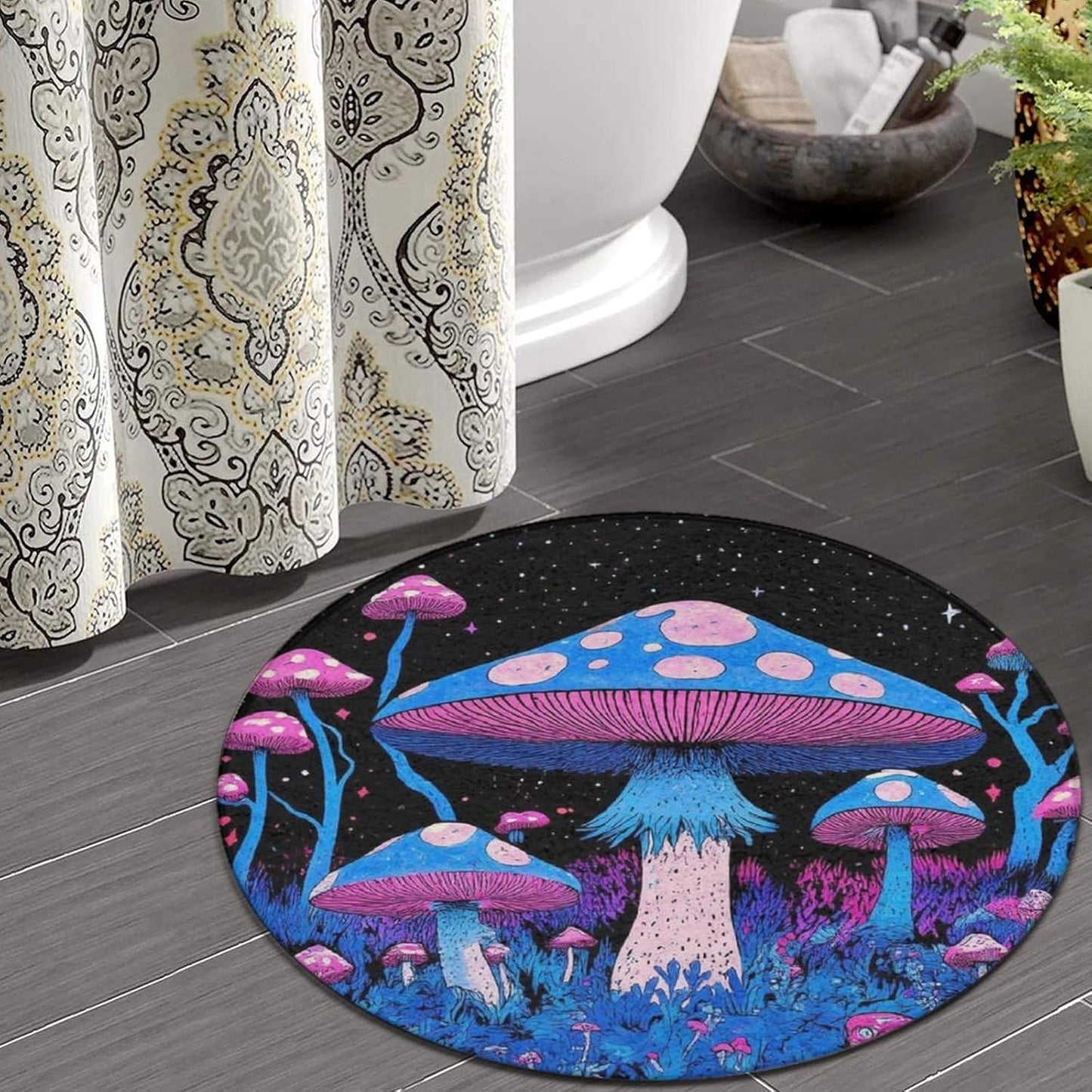 Machine Washable Modern Round Area Rug, Room Sofa Yoga Soft Round Carpet, Home Decor Non Slip Kitchen Office Circle Rug Trippy Rainbow Mushroom Tie Dye Art, 60inch