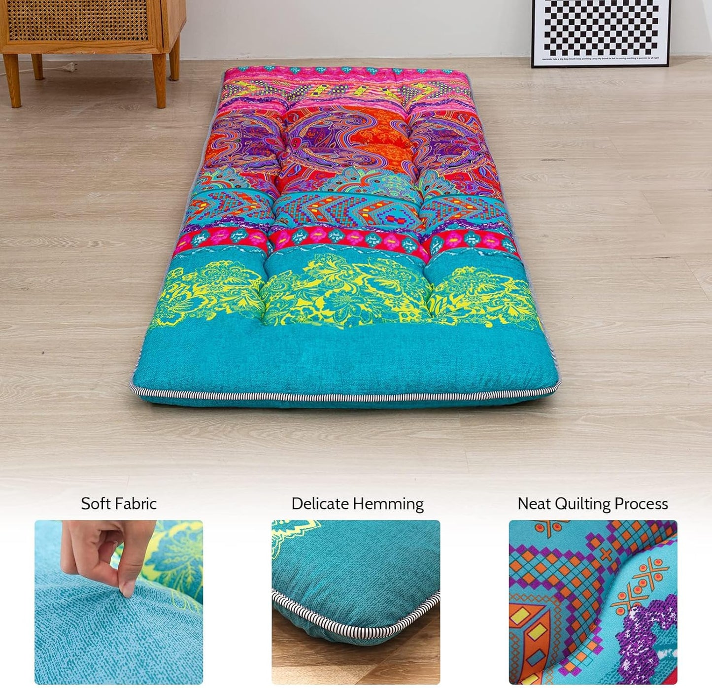 MAXYOYO Bohemian Retro Mattress Boho Floral Japanese Futon Mattress Tatami Floor Mat Foldable Portable Camping, Sleeping Pad, Lounger Couch Bed Full Size