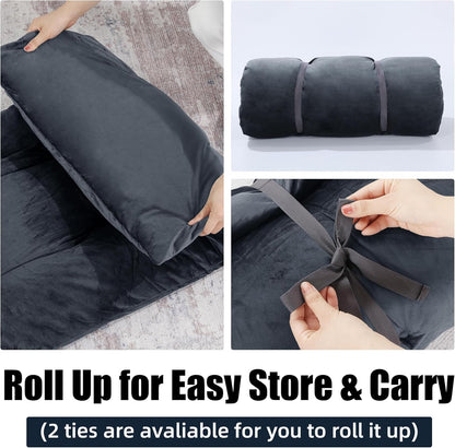 HOMBYS Floor Lounger Pillow Foldable and Tufted Design Long Floor Cushion for Yoga, Reading, Sleeping, Meditation, Elastic Band for Roll Up and Easy Storage, Machine Washable, Dark Grey, 74"x27"
