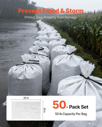 VEVOR Heavy Duty Sand Bags, 50Pack 14" x 26", Empty Sandbags for Flooding with Tie Strings, Woven Polypropylene Sand Bag with 1600 Hours of UV Protection, 50Lbs Capacity