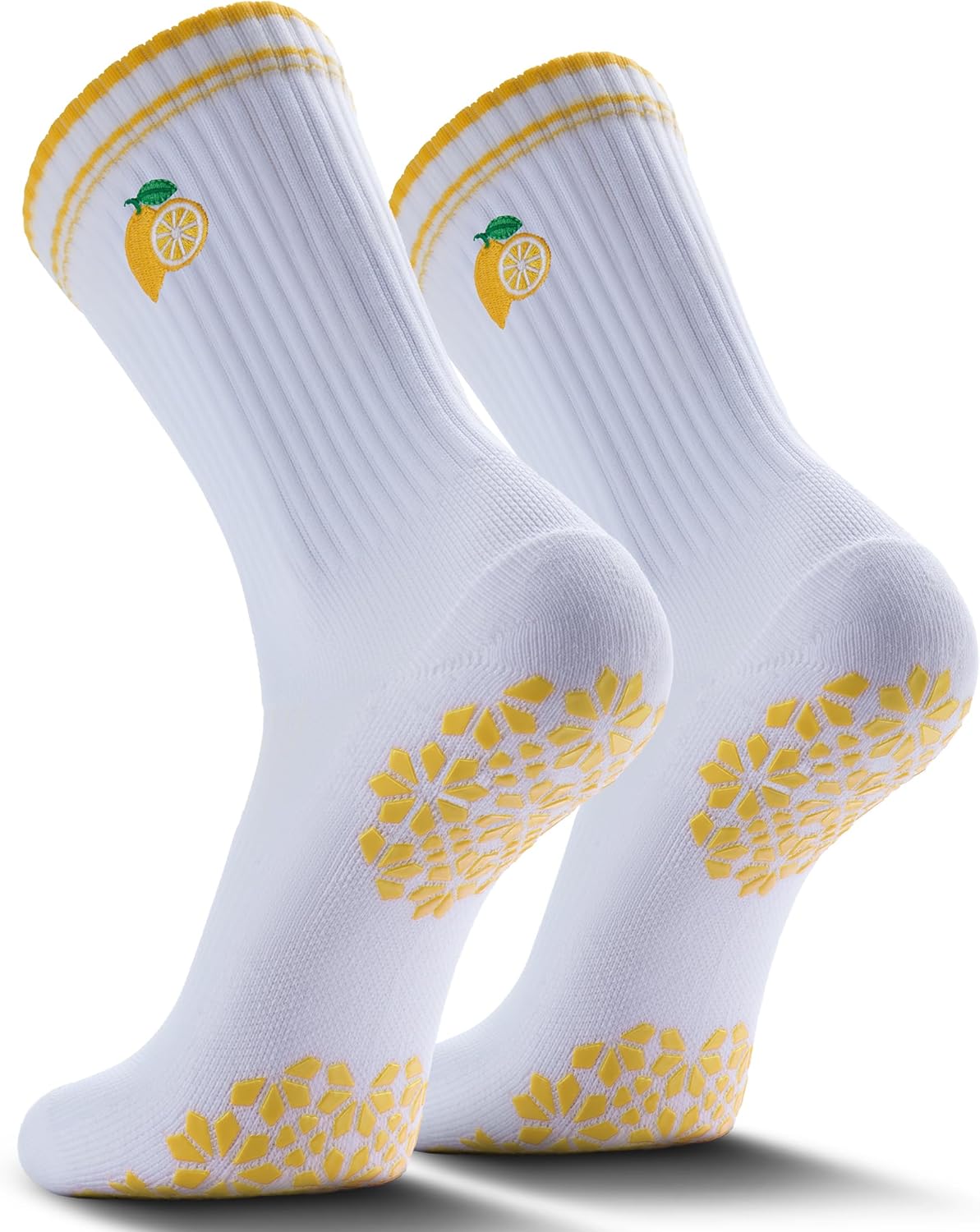 Pilates Grip Socks for Women - Embroidery Athletic Crew, Non-Skid Sticky Soles for Yoga, Barre, Workout & Hospital