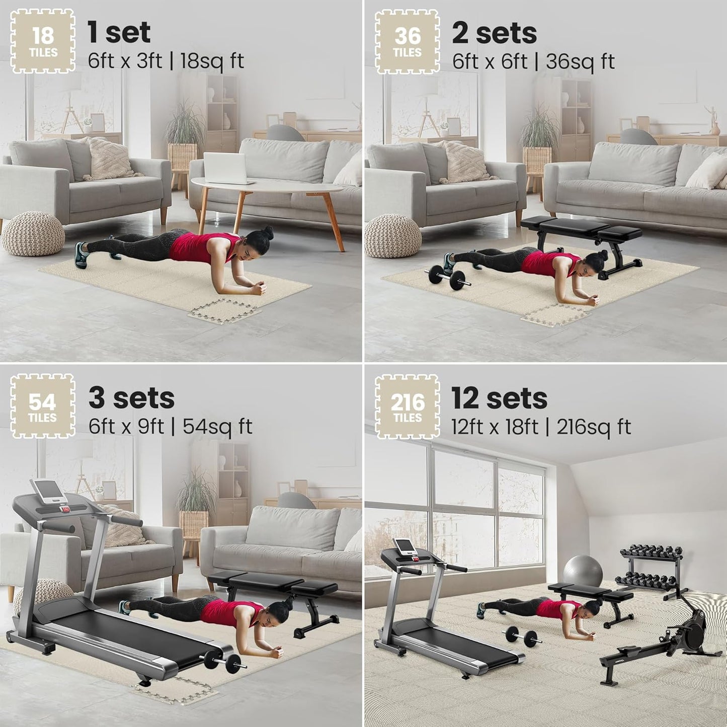 bemaxx Gym Mats Set - 18 pcs EVA Interlocking Foam Floor Tiles (12.6"x12.6"x0.4") 18sqft Protective Gym Flooring Sports Home Workout Exercise Mats Puzzle Garage Fitness Play-Room Pool Treadmill Bike