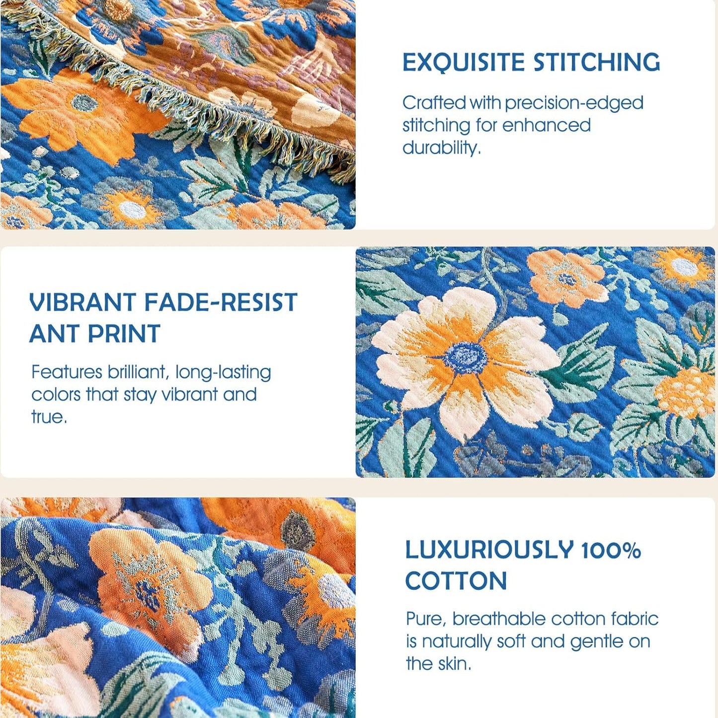 Boho Throw Blanket - 100% Cotton Soft Summer Throw Blanket for Bed, 50"x60" Reversible Breathable Lightweight Blankets, All Seasons Farmhouse Decor Floral Plant Butterfly Throw Quilt
