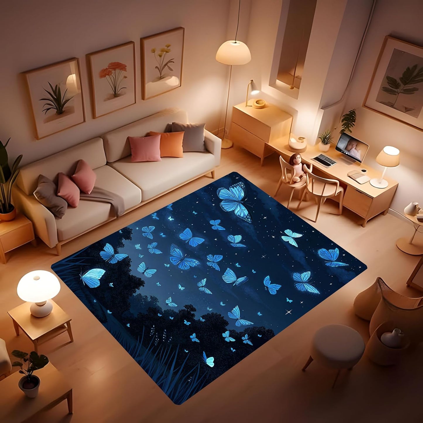 Butterfly Carpet Area Rug - Lovely Butterflies Printed Carpets for Kids Butterfly Theme Living Room Indoor Bedroom Decor Soft Polyester Yoga Mat 2'x3'