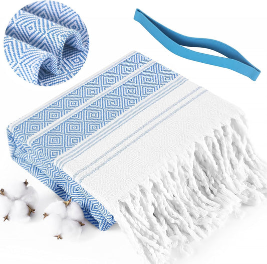 Genovega Oversized Turkish Beach Towels 74"x38" Thin Quick Dry Sand Free Pool Swim Bathing Towel Extra Large Blanket Adult Travel Essentials Cruise Accessories Must Haves Summer Light Blue Stuff