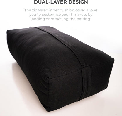 Extra Firm Large Yoga Bolster, 24" x 12" x 6" Cinched OR Zippered Yoga Pillow, Rectangular Cotton Cushion With Removable Cover for Studios, 1 Pack or 2 Pack
