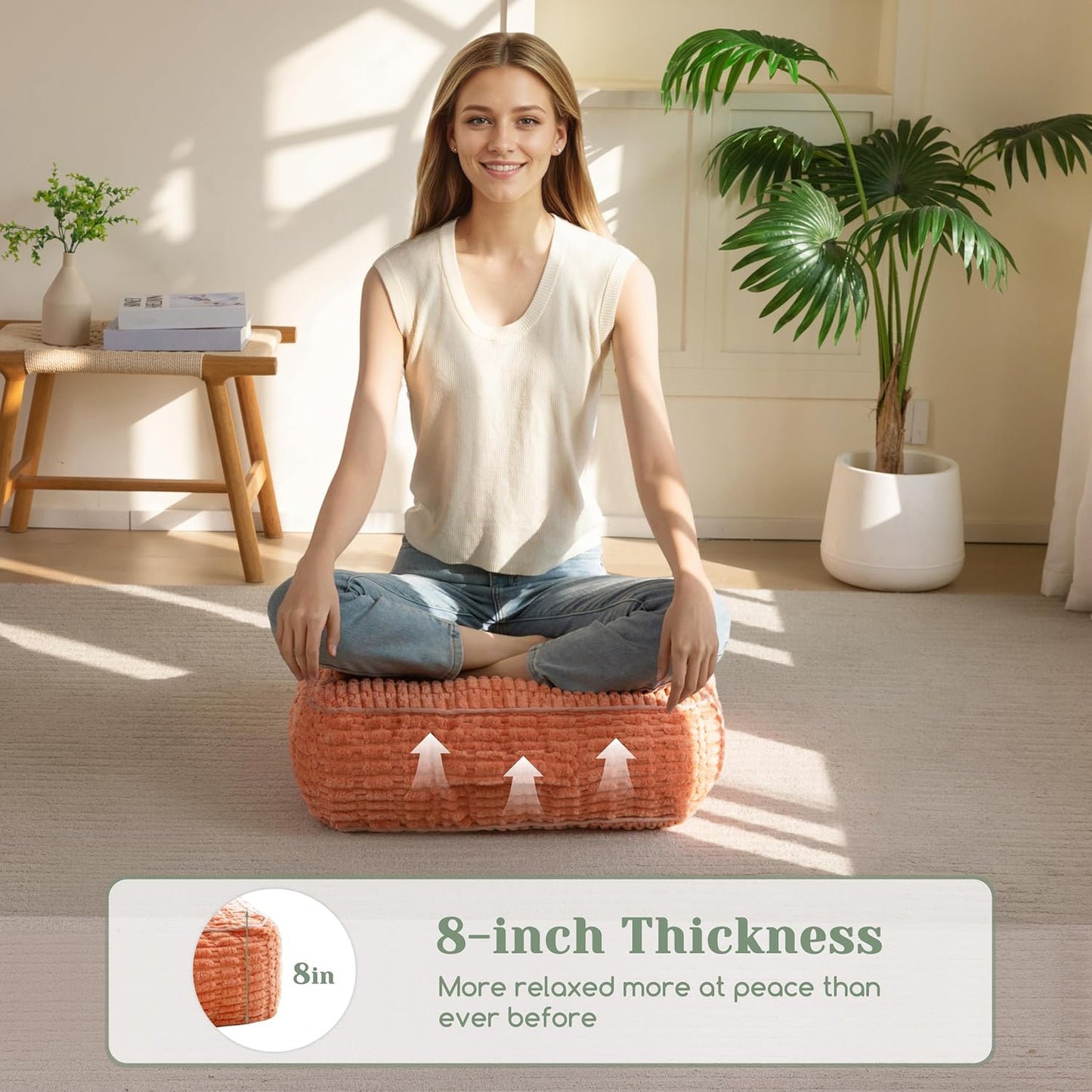 HIGOGOGO Floor Pillow Cushion for Adults, Meditation Cushion Pillow, Blended Corduroy Cover, Large Square Floor Sitting for Tatami Living Room or Yoga, 22x22 Inch, Beige