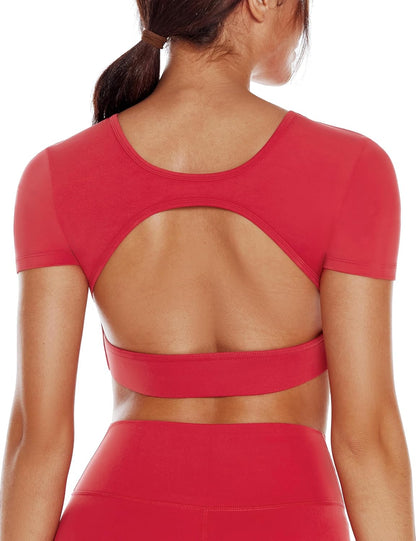 ENERBLOOM Open Back Workout Crop Tops for Women Backless Yoga Shirts Gym Short Sleeve Mild Support Compression Tee with Bra