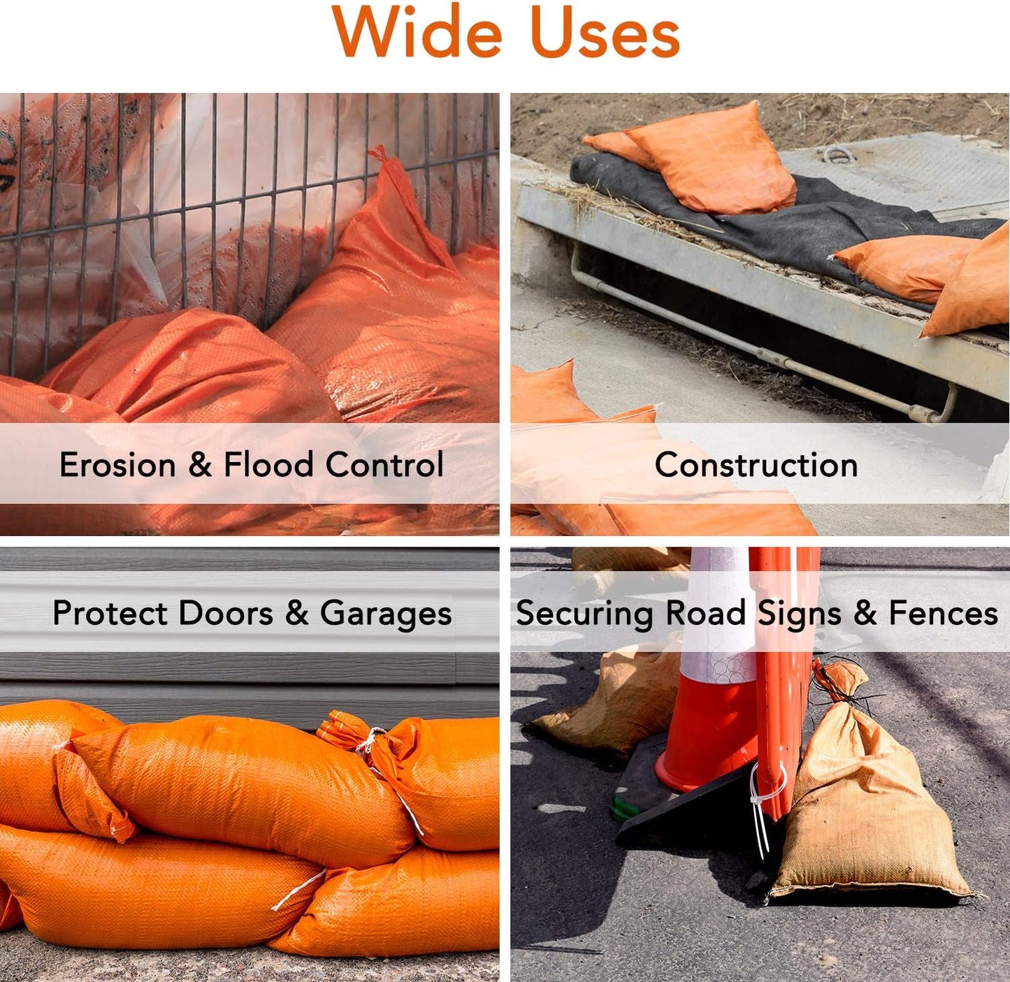 AK TRADING CO. 14" x 26" Poly Sandbags W/UV Protection & Built-in Ties - Flood Water Barrier - Tent Sandbags - Orange