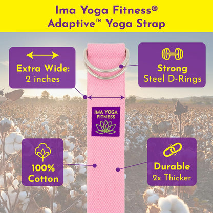 Adaptive Yoga Strap, Stretching Strap, 2 Inches Wide, 100% Naturally Soft Cotton, Steel D-Rings, Includes Natural Cotton Drawstring Storage Pouch and Instructional E-Book