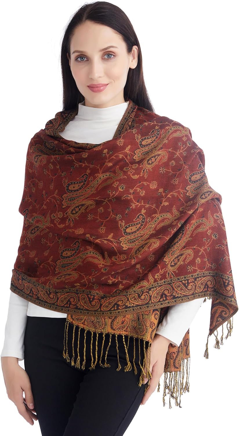 Ciormis Two Tone Silky Paisley Pashmina Shawl Scarf,Soft Women's Rave Jacquard Pashminas Wrap Scarves