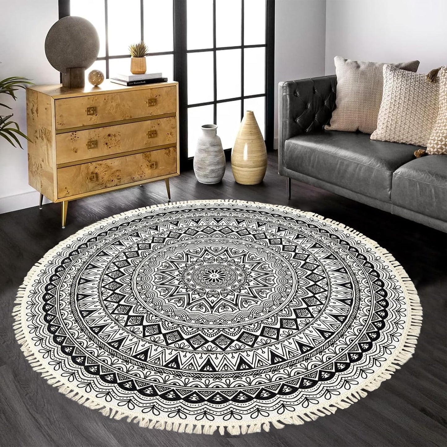 Boho Rug 5Ft Round Bedroom Carpet Circle Nonslip Farmhouse Area Rug Rustic Mandala Floor Mat for Living Room Locker Room Tassel Yoga Throw Rugs Washable Doormat, Purple