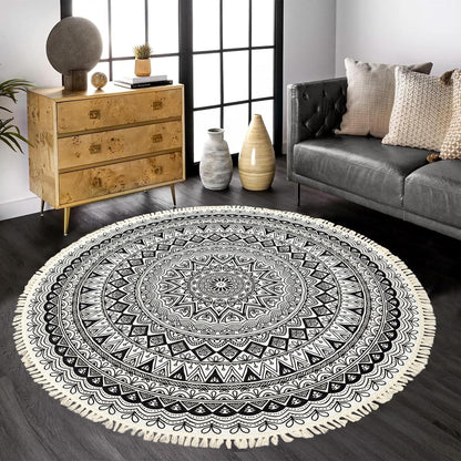 Boho Rug 5Ft Round Bedroom Carpet Circle Nonslip Farmhouse Area Rug Rustic Mandala Floor Mat for Living Room Locker Room Tassel Yoga Throw Rugs Washable Doormat, Purple