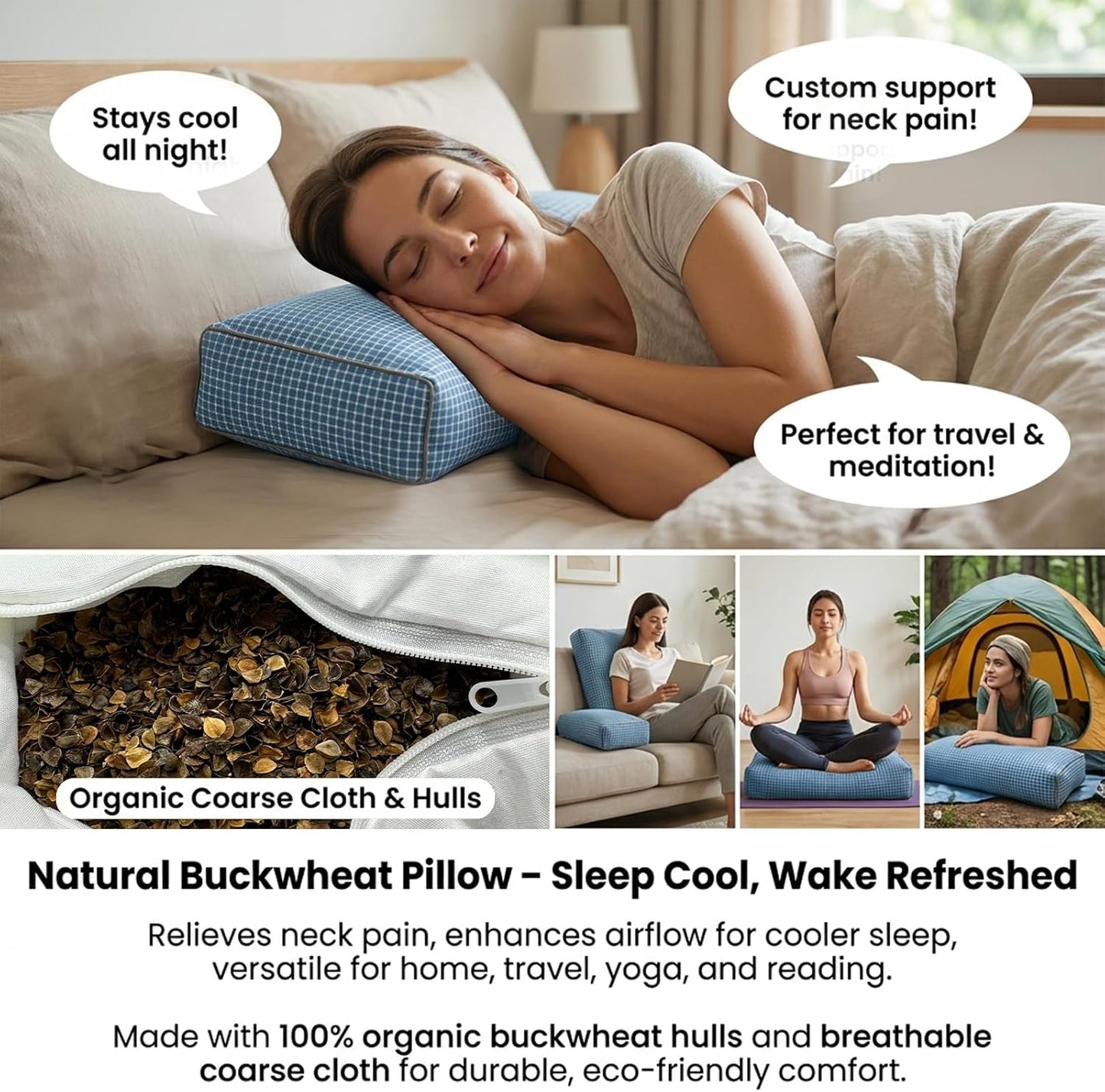 Adjustable Buckwheat Hull Pillow for Neck Pain Relief (21x8x4in) Natural Cooling Cervical Support Organic Pillow for Side & Back Sleepers with Night Sweats (Grey)