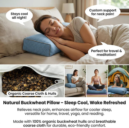 Adjustable Buckwheat Hull Pillow for Neck Pain Relief (21x8x4in) Natural Cooling Cervical Support Organic Pillow for Side & Back Sleepers with Night Sweats (Grey)