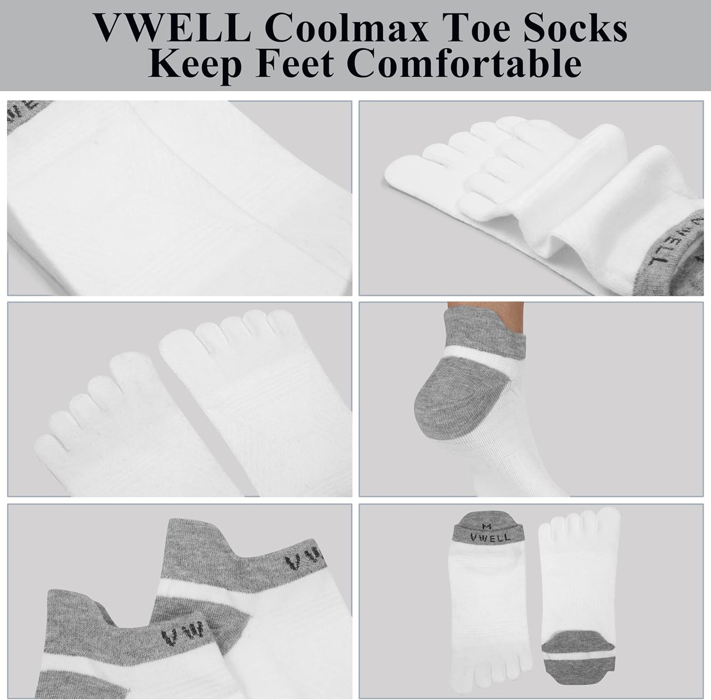 VWELL Toe Socks for Men/Women, COOLMAX Five Finger Socks, High Performance Athletic Toe Socks No Show (3Pairs)