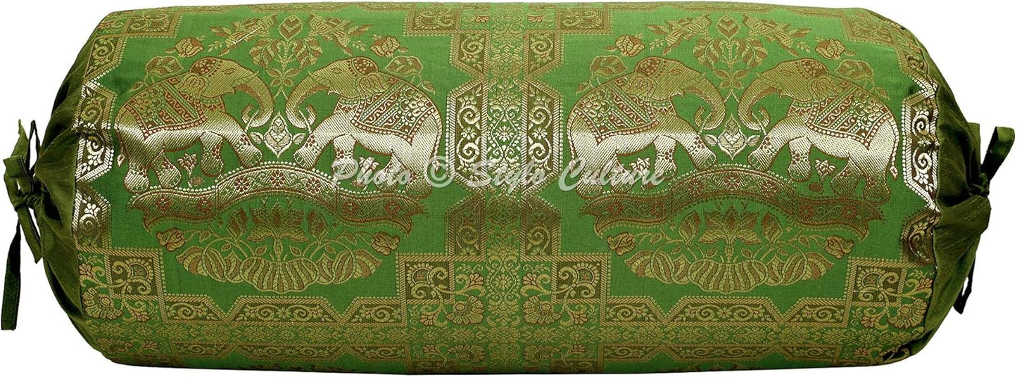 Indian Tubular Brocade Bolster Pillow Cover Olive Green Gold Floral Jacquard Weave Round Yoga Pillow Traditional Elephant Decorative Cushion Cover - (76x38 cm) | 1 Pc (Cover Only)