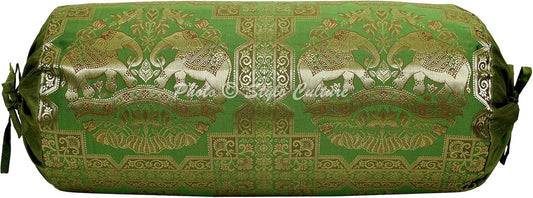 Indian Tubular Brocade Bolster Pillow Cover Olive Green Gold Floral Jacquard Weave Round Yoga Pillow Traditional Elephant Decorative Cushion Cover - (76x38 cm) | 1 Pc (Cover Only)