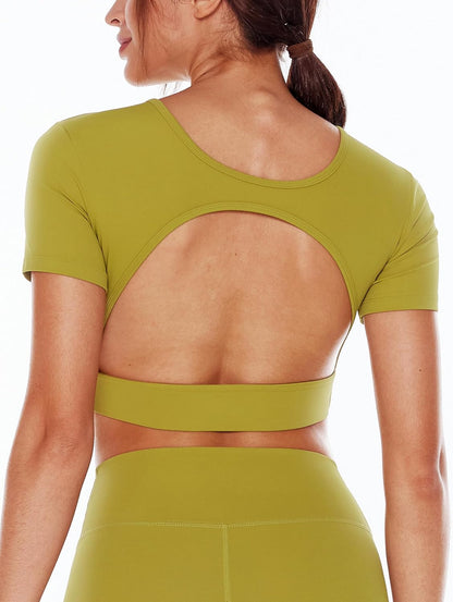 ENERBLOOM Open Back Workout Crop Tops for Women Backless Yoga Shirts Gym Short Sleeve Mild Support Compression Tee with Bra