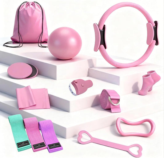 Home Pilates Kit for Women & Men | 15Pcs Better Me Pilates Kit with 14 Inches Pilates Ring and Ball Set, Resistance Bands, Core Sliders, Bag - Full Body Exercise Home Pilates Workout Kit