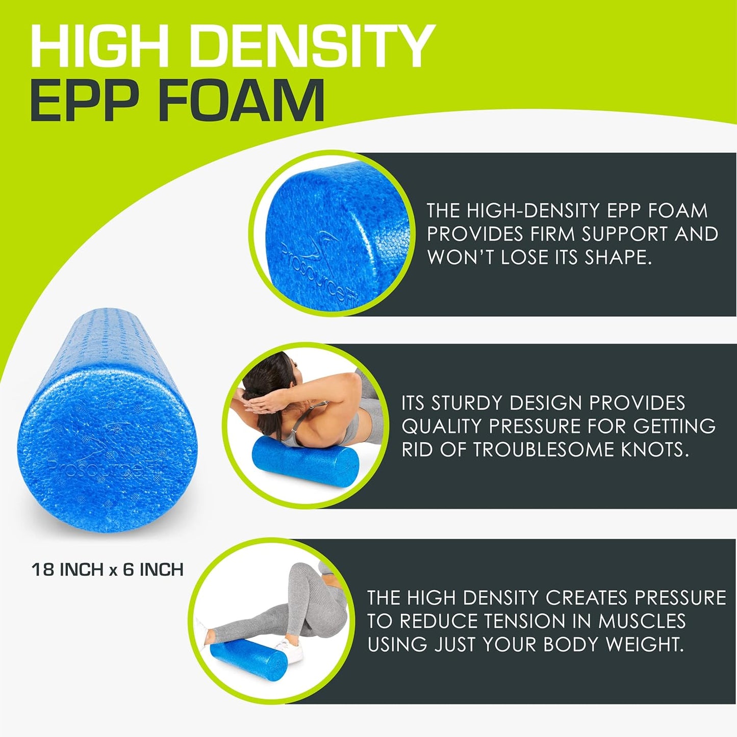 ProsourceFit High Density Foam Rollers 12 - inches long, Firm Full Body Athletic Massage Tool for Back Stretching, Yoga, Pilates, Post Workout Muscle Recuperation, Black