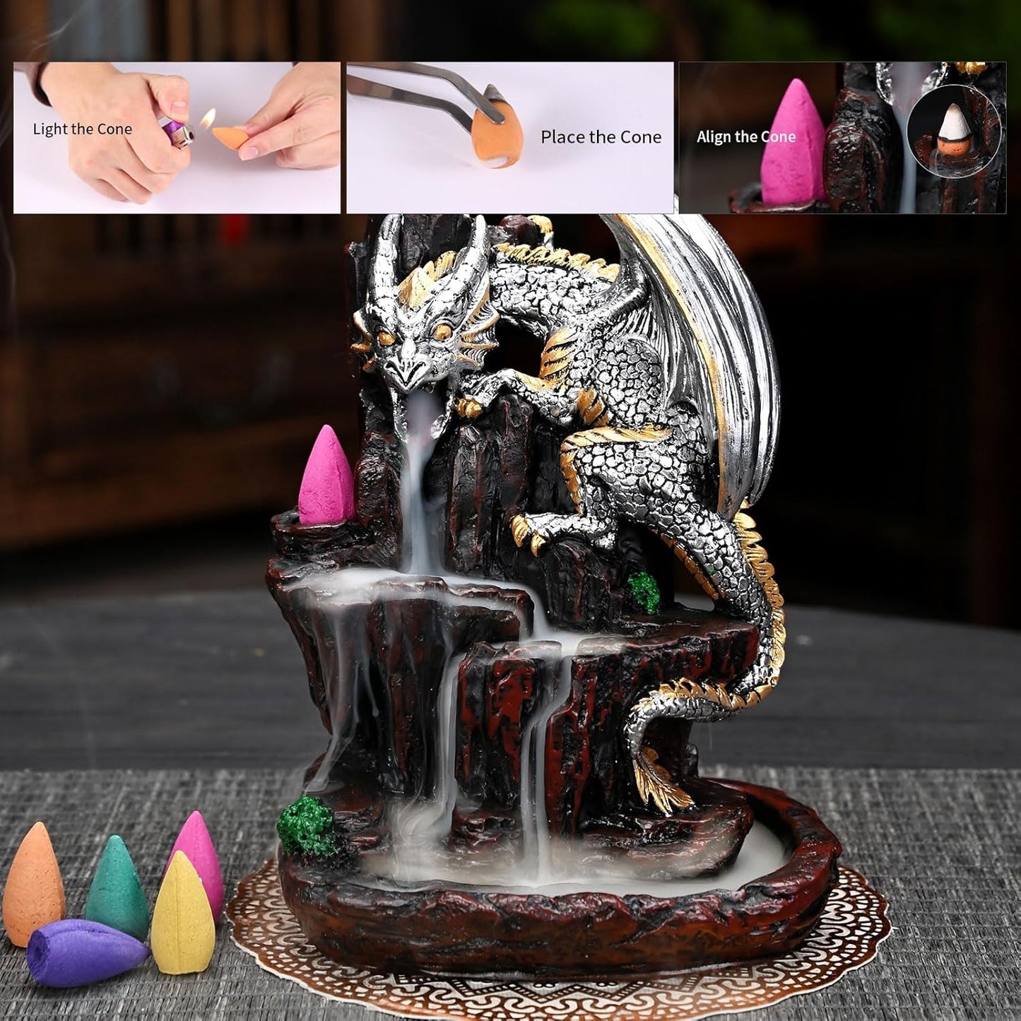 Dragon Backflow 2 Sided Mountain Waterfall Incense Burner,Fountain Smoke Incense Holder with Backflow Incense Cones, Tweezers, Mat，Resin Aromatherapy Meditation (Green)